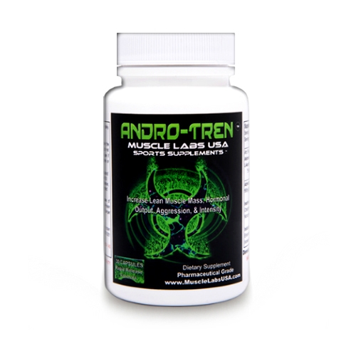 1 black and green bottle of Muscle Labs USA branded supplements containing 30 capsules of legal steroids labeled as "AndroTren"
