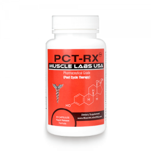 1 black and red bottle of Muscle Labs USA branded supplements containing 30 capsules of legal steroids labeled as "PCT-RX"